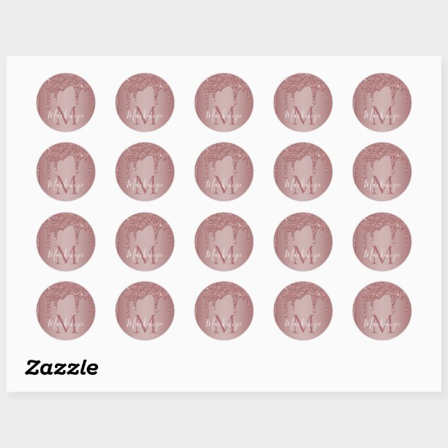 Rose Gold Sparkle Glitter Drips Monogram Classic Round Sticker (Sheet)