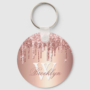 Rose Gold Sparkle Glitter Drips Monogram Initial Key Ring