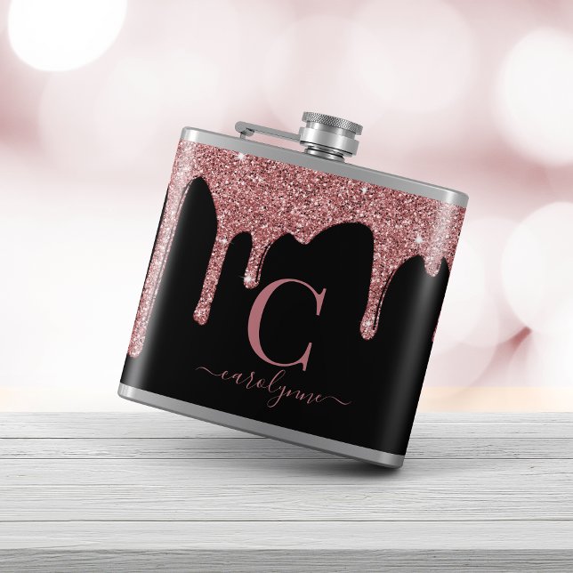 Rose Gold Sparkle Glitter Drips Monogram on Black Hip Flask (Creator Uploaded)