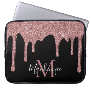 Rose Gold Sparkle Glitter Drips Monogram on Black Laptop Sleeve