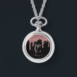 Rose Gold Sparkle Glitter Drips Monogram Watch<br><div class="desc">Girly Rose Gold Sparkle Glitter Drips Monogram Watch Necklace with fashion faux blush pink/rose gold glitter drips on a chic black background with your custom monogram and name. Please contact us at cedarandstring@gmail.com if you need assistance with the design or matching products.</div>