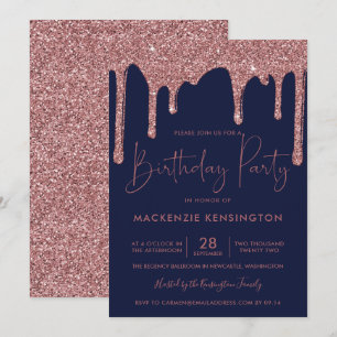 Rose Gold Sparkle Glitter Drips Navy Blue Birthday Invitation