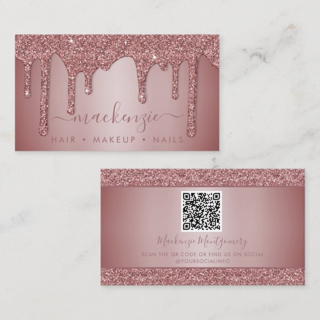 Rose Gold Sparkle Glitter Drips QR Code Business Card (Front/Back)