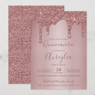 Rose Gold Sparkle Glitter Drips Quinceañera Invitation