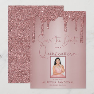 Rose Gold Sparkle Glitter Drips Quinceañera Save The Date