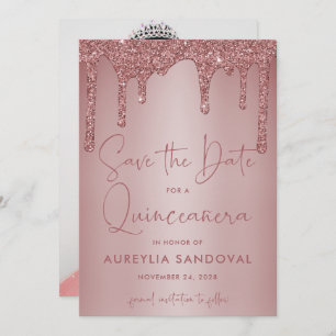 Rose Gold Sparkle Glitter Drips Quinceañera Save The Date
