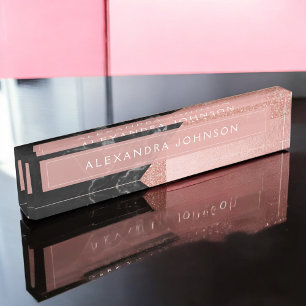 Rose Gold Sparkle Glitter Foil and Black Marble Nameplate