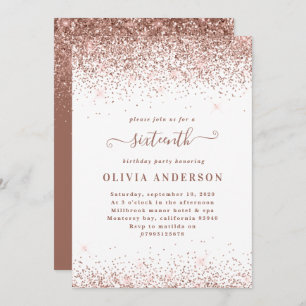 Rose gold sparkle glitter girly script 16 birthday invitation
