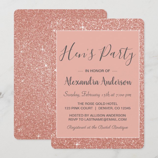 Rose Gold Sparkle Glitter Hen's Party Invitation (Front/Back)