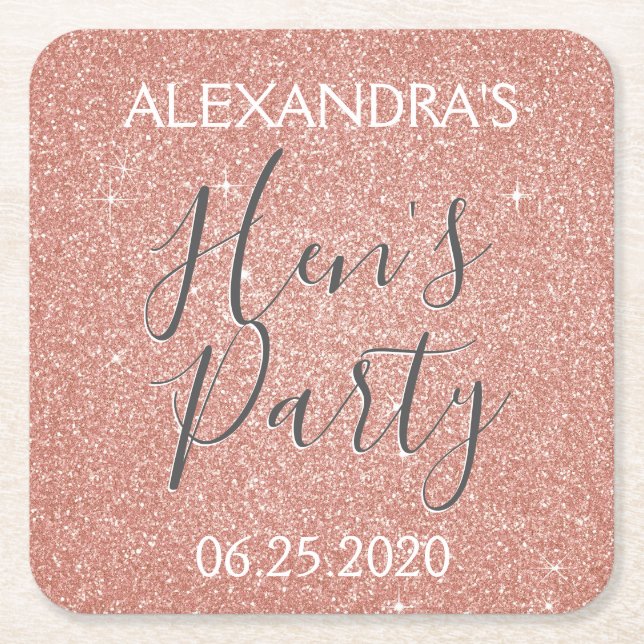 Rose Gold Sparkle Glitter Hen's Party Square Paper Coaster (Front)