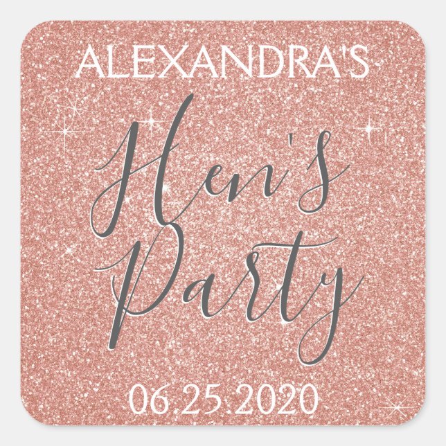 Rose Gold Sparkle Glitter Hen's Party Square Sticker (Front)