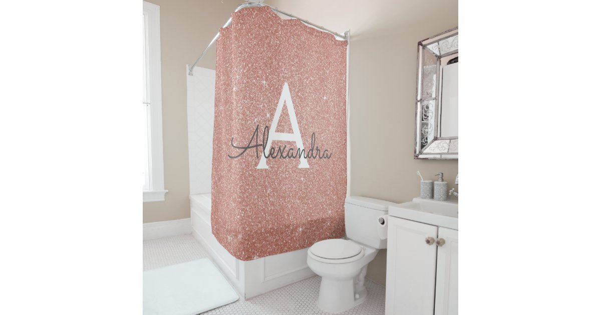 Rose Gold Sparkle Glitter Monogram Name Bathroom Shower Curtain Zazzle Co Uk Rose Gold Sparkle Glitter Monogram Name, Sparkle Shower Curtains Uk