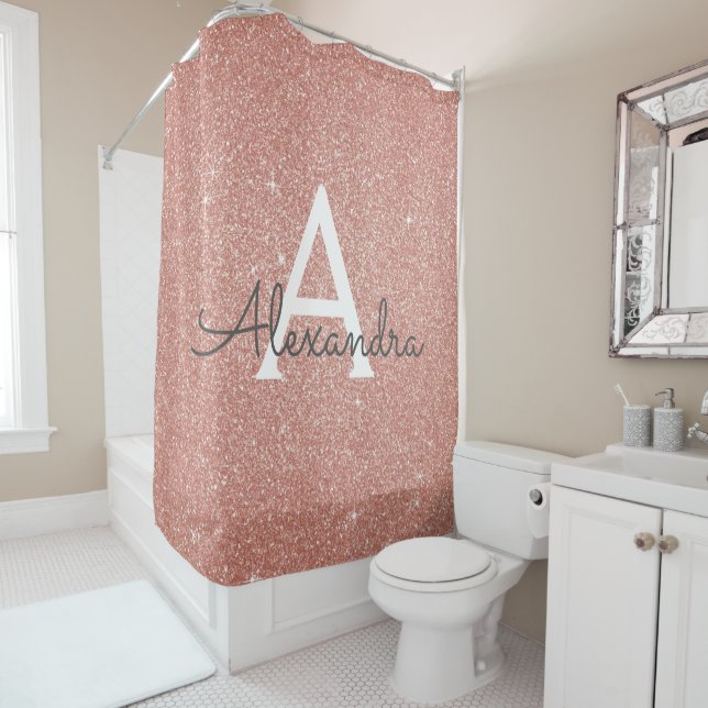 Rose Gold Sparkle Glitter Monogram Name Bathroom Shower Curtain (In Situ)