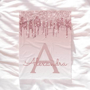 Rose Gold Sparkle Glitter Monogram Name & Initial Fleece Blanket