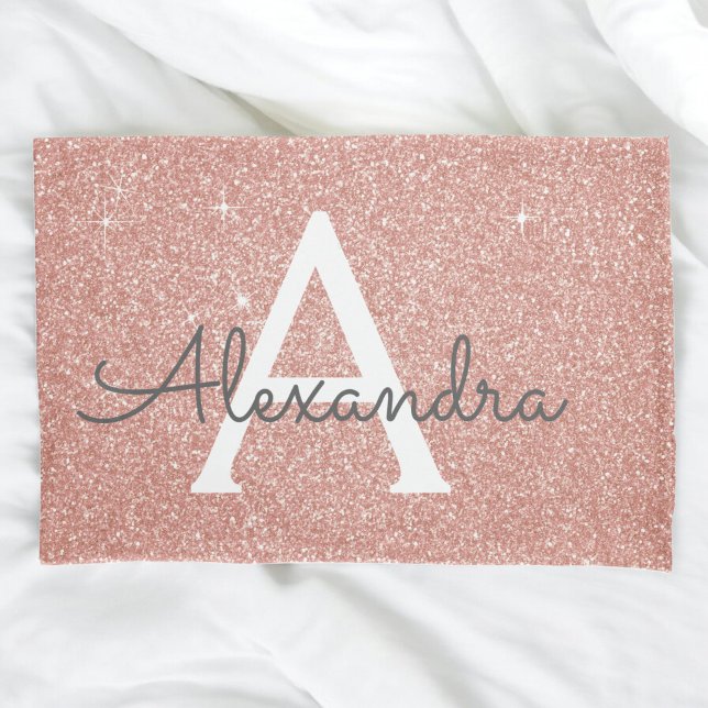 Rose Gold Sparkle Glitter Monogram Name & Initial Pillowcase (Creator Uploaded)