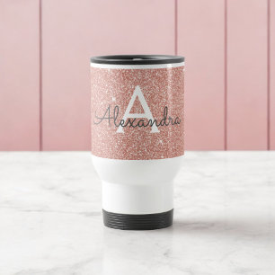 Rose Gold Sparkle Glitter Monogram Name & Initial Travel Mug