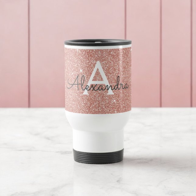 Rose Gold Sparkle Glitter Monogram Name & Initial Travel Mug (Creator Uploaded)