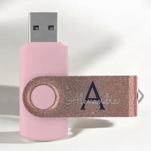 Rose Gold Sparkle Glitter Monogram Name & Initial USB Flash Drive