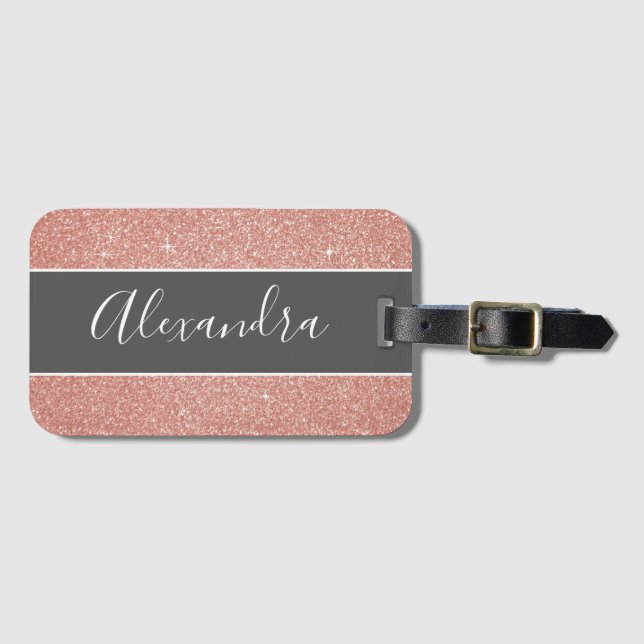 Rose Gold Sparkle Glitter Monogram Name Luggage Tag (Front Horizontal)