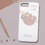 Rose Gold Sparkle Glitter Name Cute Sloth iPhone 8/7 Case<br><div class="desc">This simple and stylish phone case is decorated with a rose gold glitter smiling sloth hanging from a branch.
The words Sloth Life and the name can be changed to personalise this phone case.
Original Watercolor © Michele Davies</div>