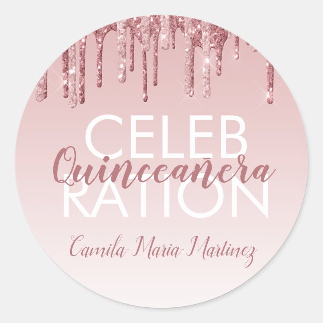Rose Gold Sparkle Glitter Quinceanera Celebration Classic Round Sticker (Front)