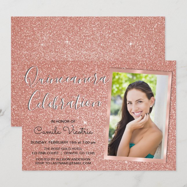 Rose Gold Sparkle Glitter Quinceañera Celebration Invitation (Front/Back)