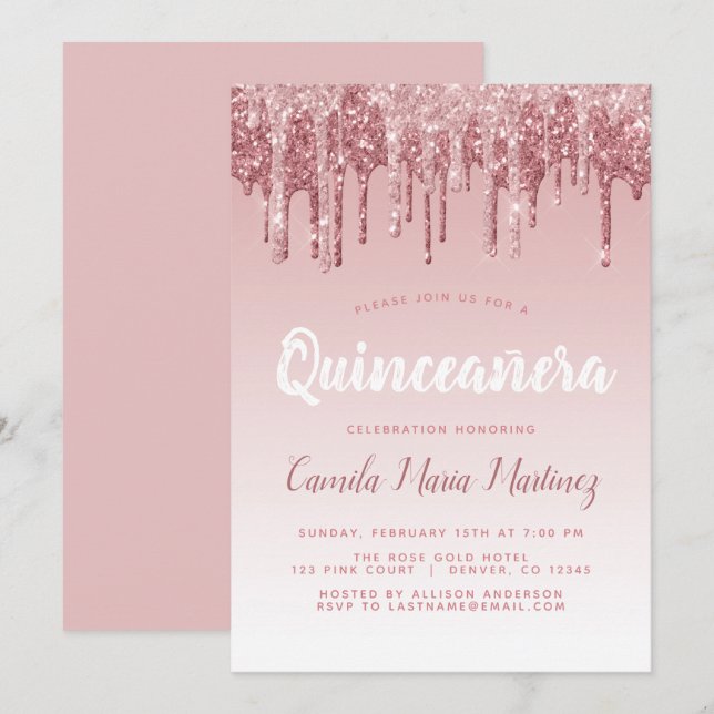 Rose Gold Sparkle Glitter Quinceanera Celebration Invitation (Front/Back)
