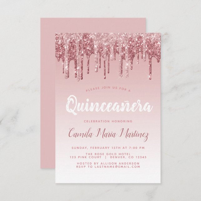 Rose Gold Sparkle Glitter Quinceanera Celebration Invitation (Front/Back)