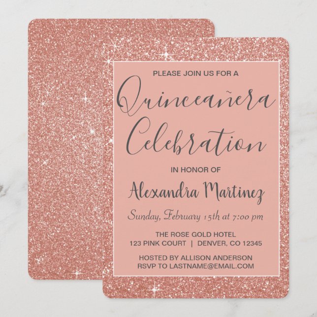 Rose Gold Sparkle Glitter Quinceanera Celebration Invitation (Front/Back)