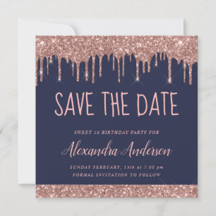 Rose Gold Sparkle Glitter Sweet 16 Save the Date Invitation