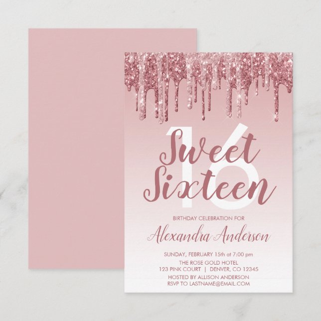 Rose Gold Sparkle Glitter Sweet Sixteen Birthday Invitation (Front/Back)