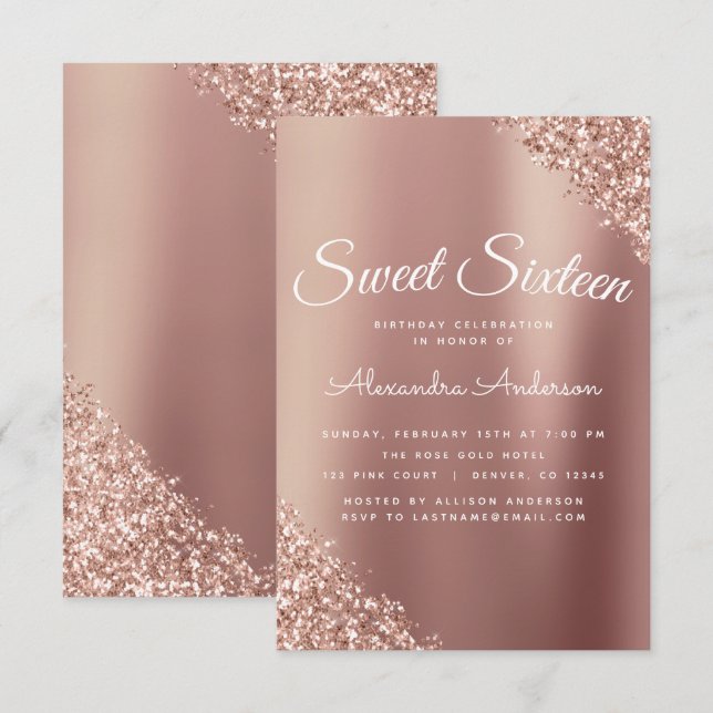 Rose Gold Sparkle Glitter Sweet Sixteen Birthday Invitation (Front/Back)