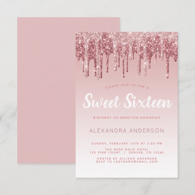 Rose Gold Sparkle Glitter Sweet Sixteen Birthday Invitation (Front/Back)