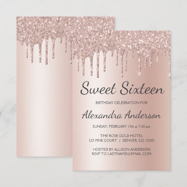 Rose Gold Sparkle Glitter Sweet Sixteen Birthday Invitation (Front/Back)