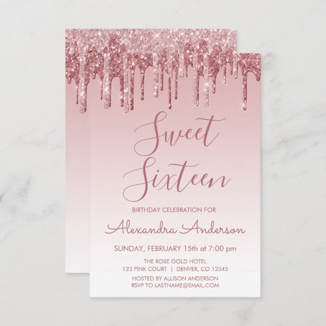 Rose Gold Sparkle Glitter Sweet Sixteen Birthday Invitation (Front/Back)