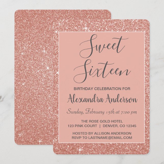 Rose Gold Sparkle Glitter Sweet Sixteen Birthday Invitation (Front/Back)