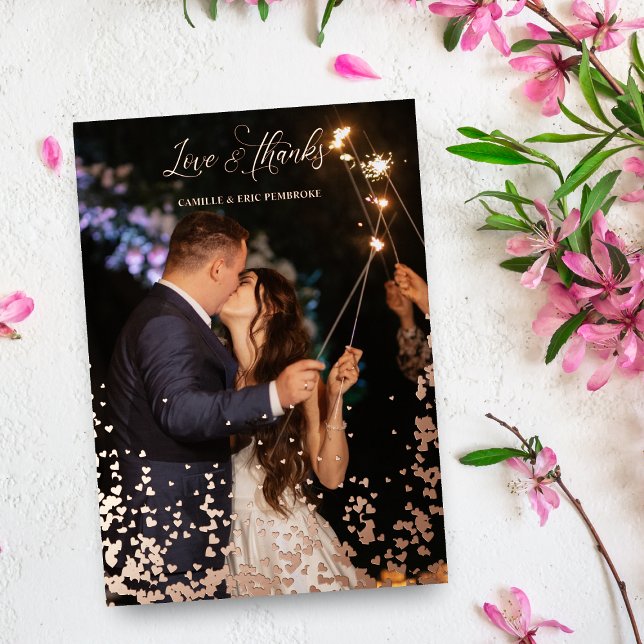 Rose Gold Sparkle Hearts 2 Photos Love & Thanks (Sparkle Hearts 2 Photos Wedding Love & Thanks Quote Metallic Foil Wedding Thank You Card. Rose Gold.)