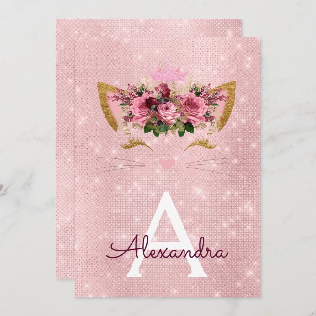 Rose Gold Sparkle Kitten Girly Birthday Party Invitation (Front/Back)