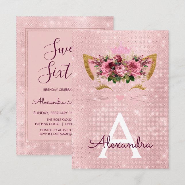 Rose Gold Sparkle Kitty Sweet Sixteen Birthday Invitation (Front/Back)