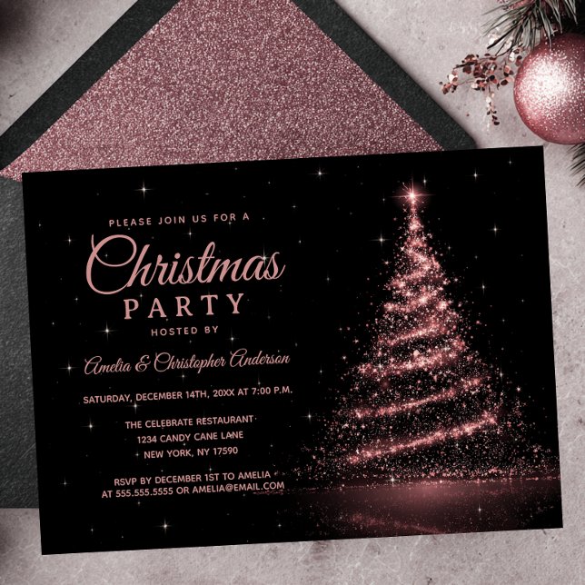 Rose Gold Sparkle Light Tree Christmas Party Invitation (Creator Uploaded)