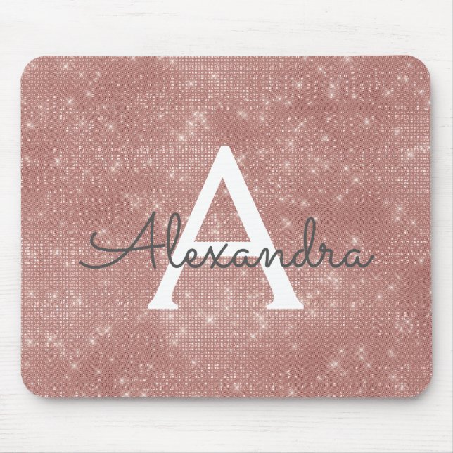 Rose Gold Sparkle Monogram Name Mousepad (Front)