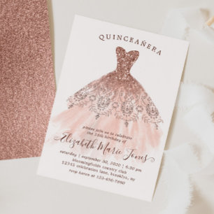 Rose Gold Sparkle Pink Dress QUINCEAÑERA Birthday Invitation