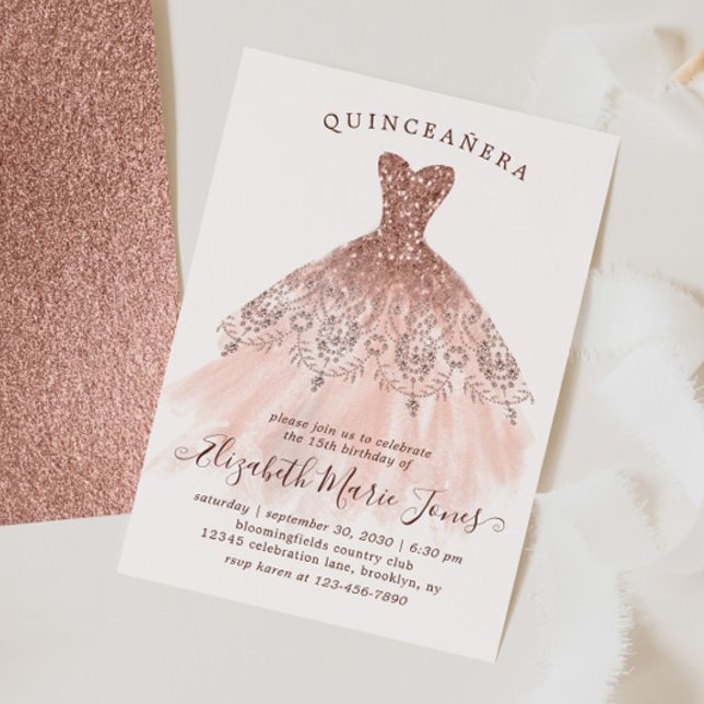 Rose Gold Sparkle Pink Dress QUINCEAÑERA Birthday Invitation (Creator Uploaded)