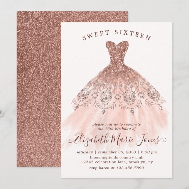 Rose Gold Sparkle Pink Dress Sweet 16th Birthday Invitation (Front/Back)