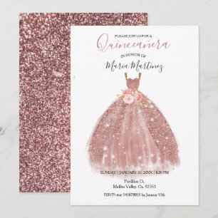 Rose Gold Sparkle Pink Flowers Quincean Invitation