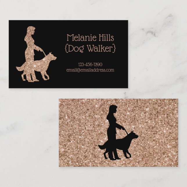 Rose Gold Sparkle Pretty Dog Walker Pet Sitter Business Card (Front/Back)