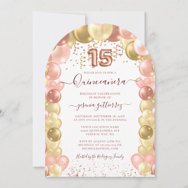 Rose Gold Sparkle Quinceañera Balloon Invitation (Front)