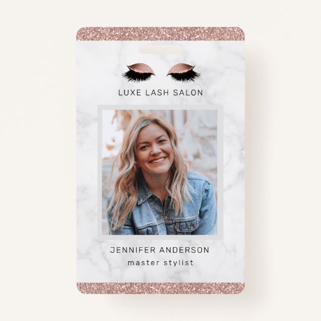 Rose Gold Sparkle Salon Logo Photo Stylist ID ID Badge (Front)