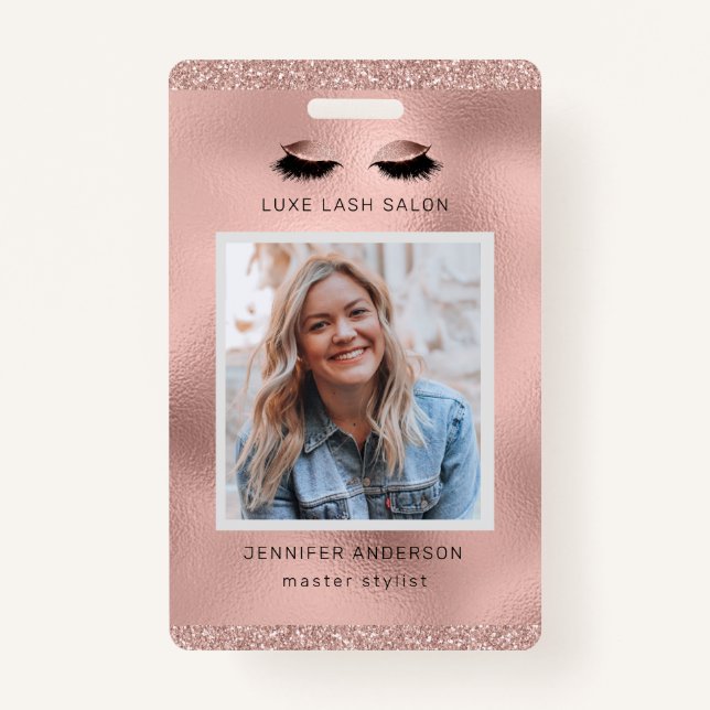 Rose Gold Sparkle Salon Logo Photo Stylist ID ID Badge (Front)
