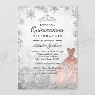 Rose Gold Sparkle Snowflakes Winter Quinceanera Invitation